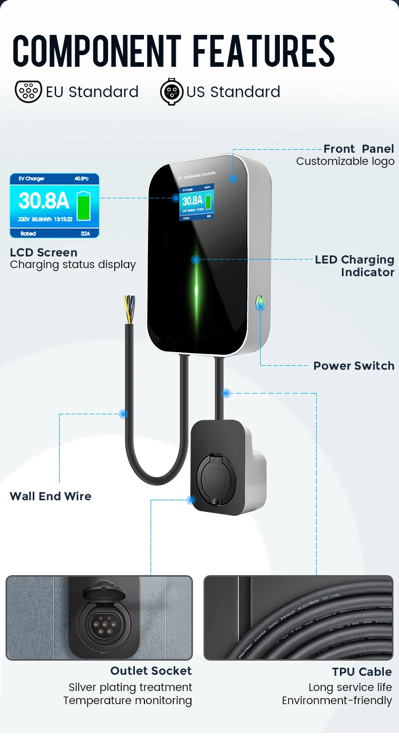 7.2kw Fast Electric Car Wallbox EV Charging Station with Type 2 Socket